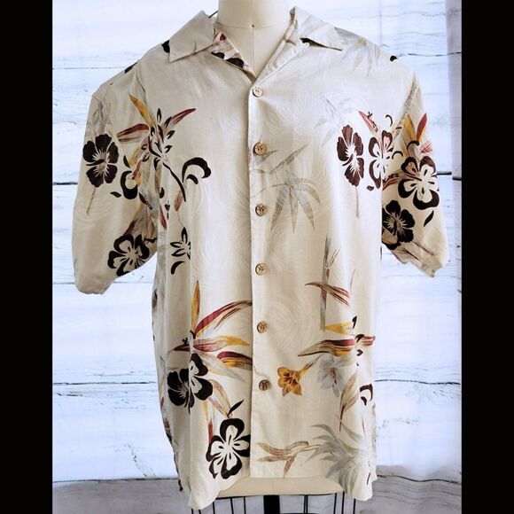 Paradise Blue tan floral Hawaiian 100% silk shirt - Picture 2 of 4